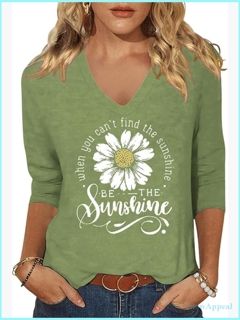 Boho Floral V Neck 3/4 Sleeve Tee T-Shirt Pullover Casual Top